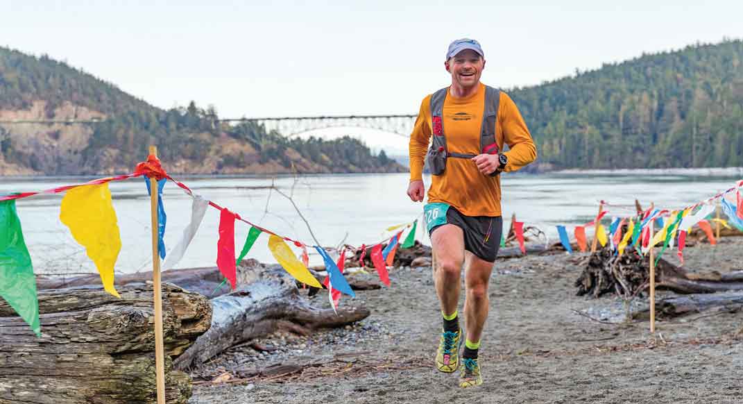 Woody nears the finish of the Deception Pass 50K in Oak Harbor, Washington.
