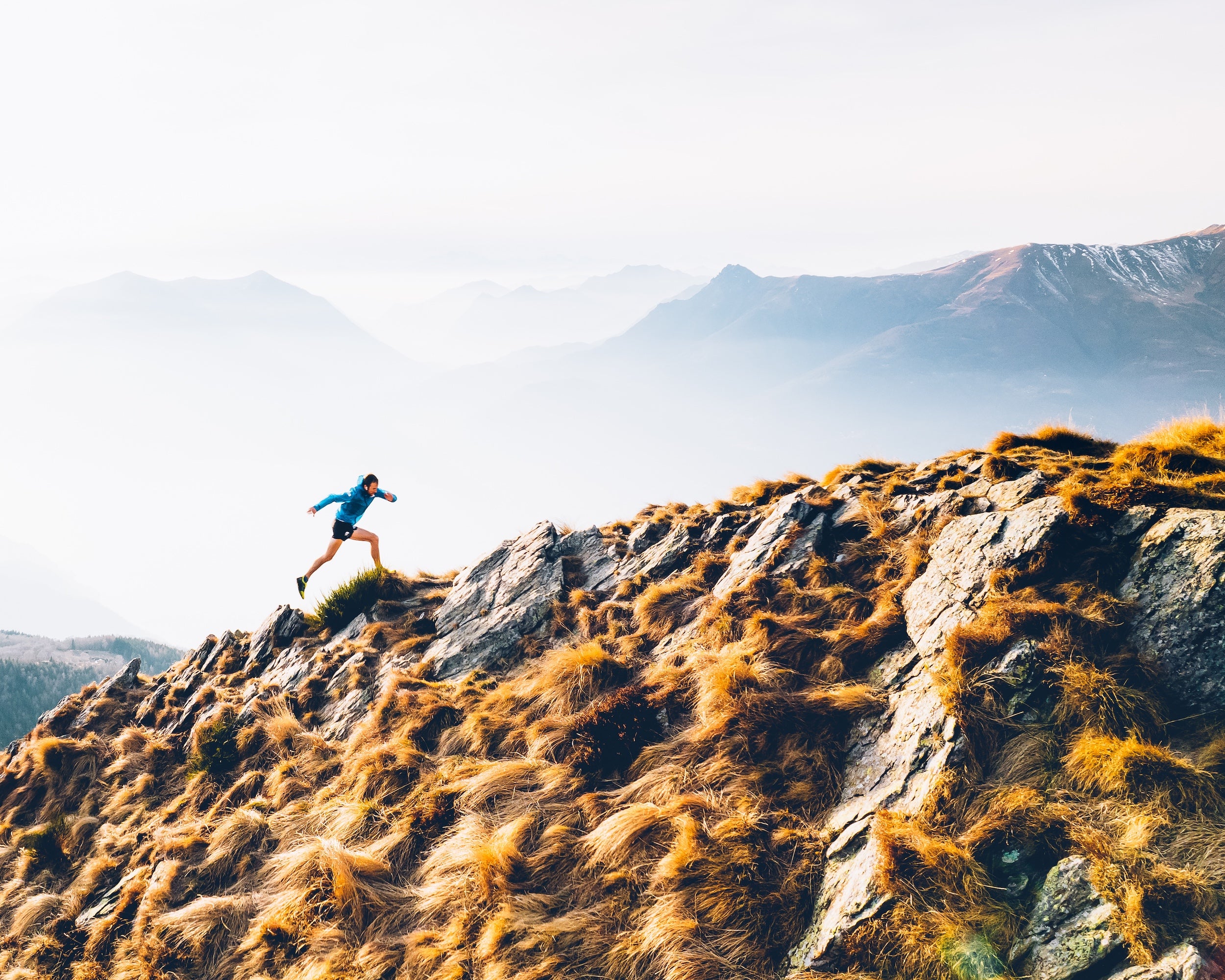an athlete running up a hill with yellow grass
