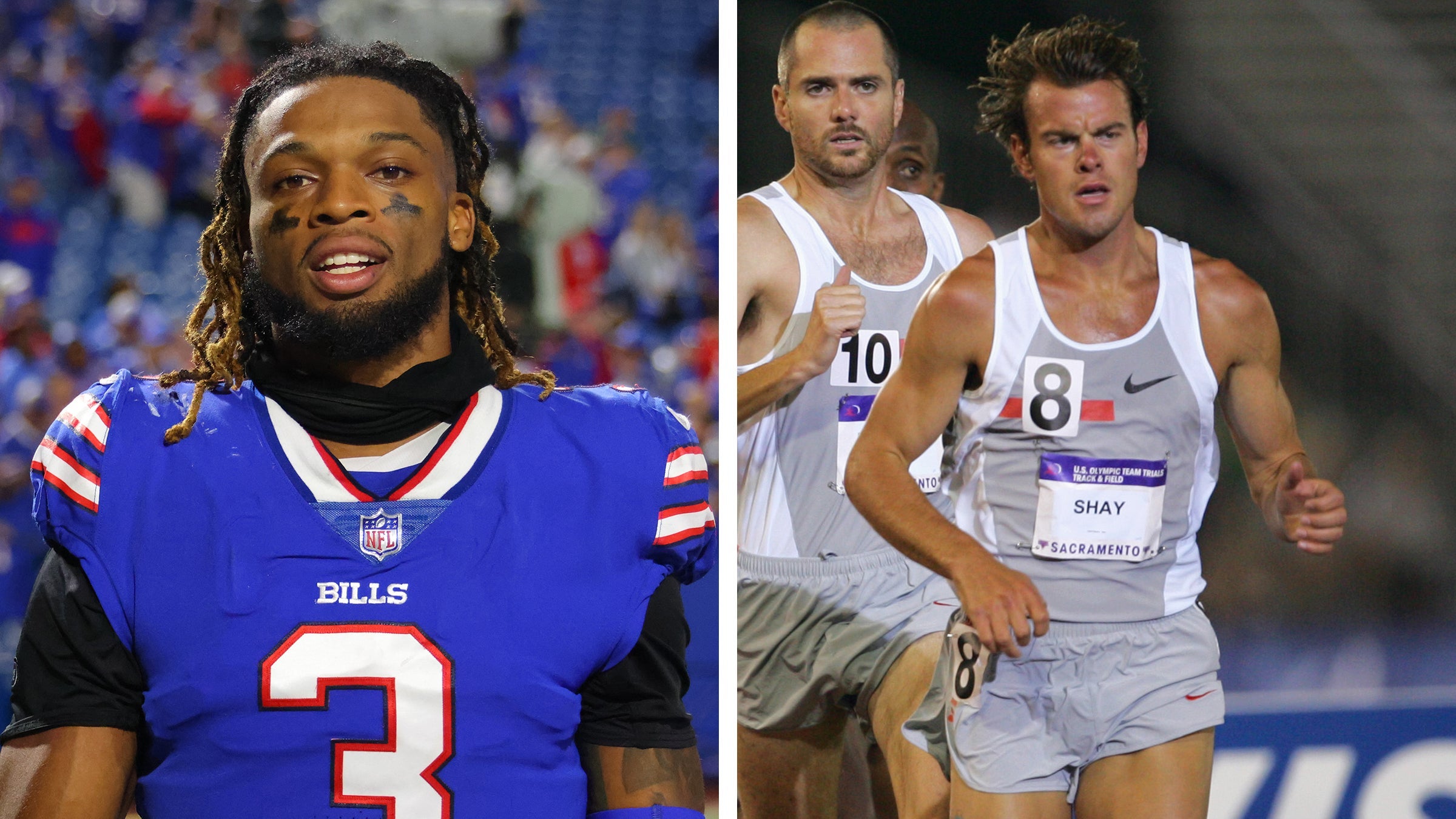 Buffalo Bills football player Damar Hamlin, left, and marathon runner Ryan Shay