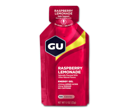 A single sports gel with pink-red wrapping