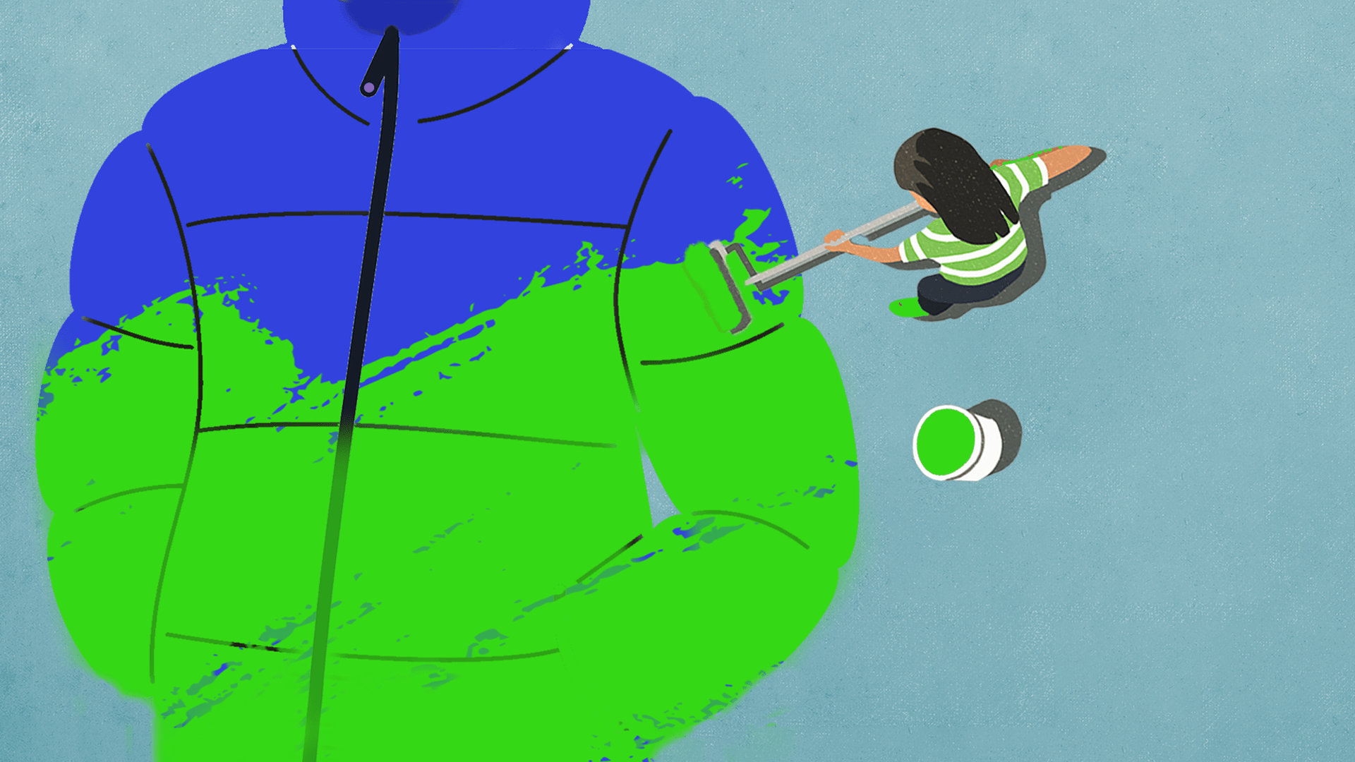 woman greenwashing blue jacket