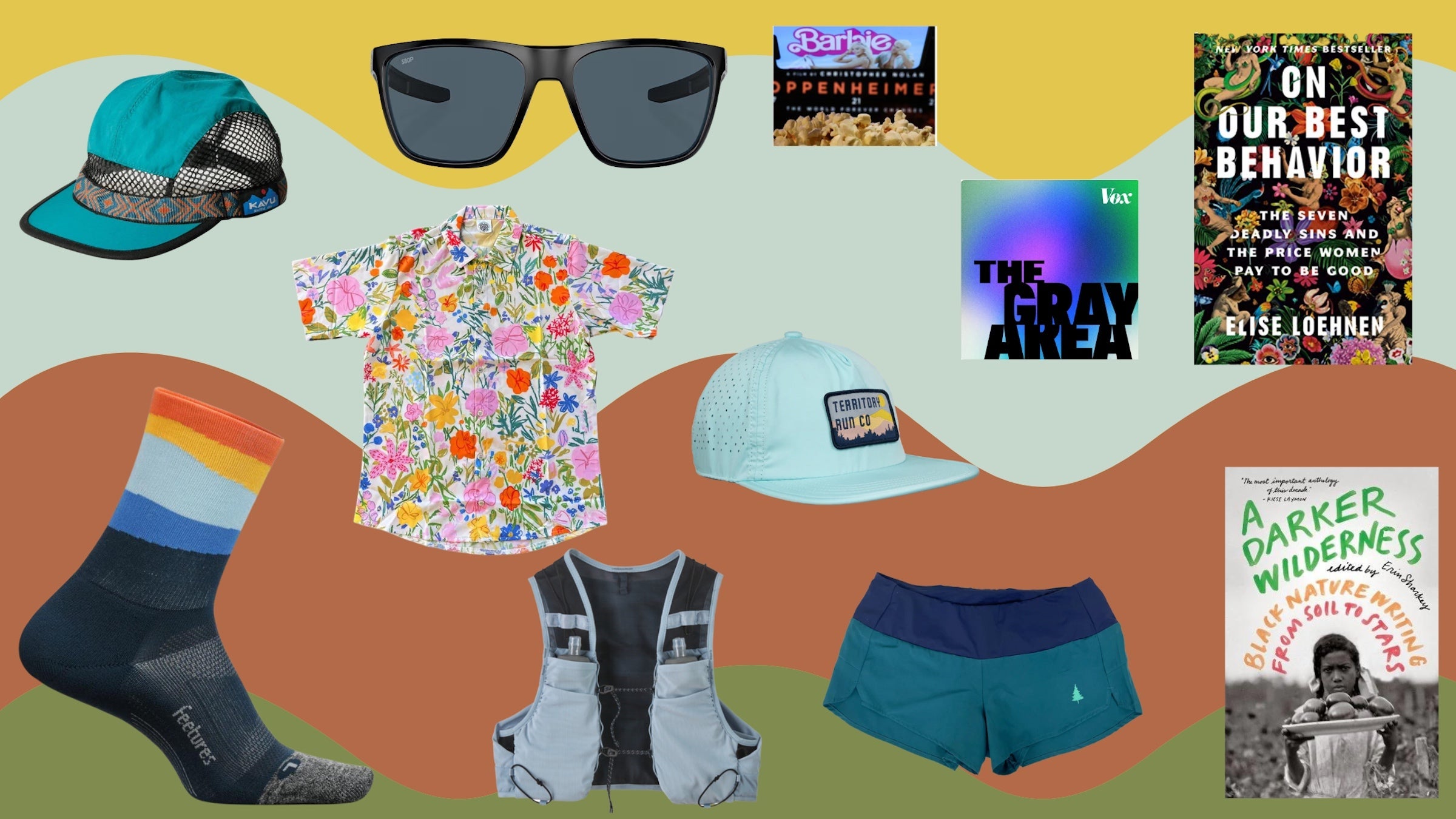 A mosaic of photos of gear with a multicolored background