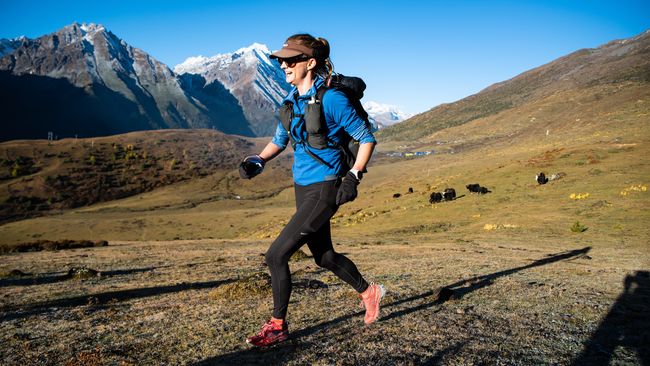 Clare Gallagher runs across Bhutan in the Snowman Race.