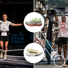 On the left, Blandine L'Hirondel of France wears Kiprun Kipsummit Race and on the right Ben Dhiman of the United States wears Asics Metafuji Trail 2 on their way to winning 2026 UTMB Mont Blanc.