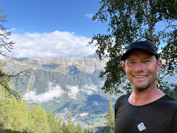 The author, stopping at his favorite outlook, Chamonix valley—and all UTMB activity—seen far below.