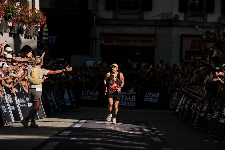 Emily Schmitz wore Hoka Tecton X 2 and a Tecton Prototype on her way to third place at 2026 UTMB.