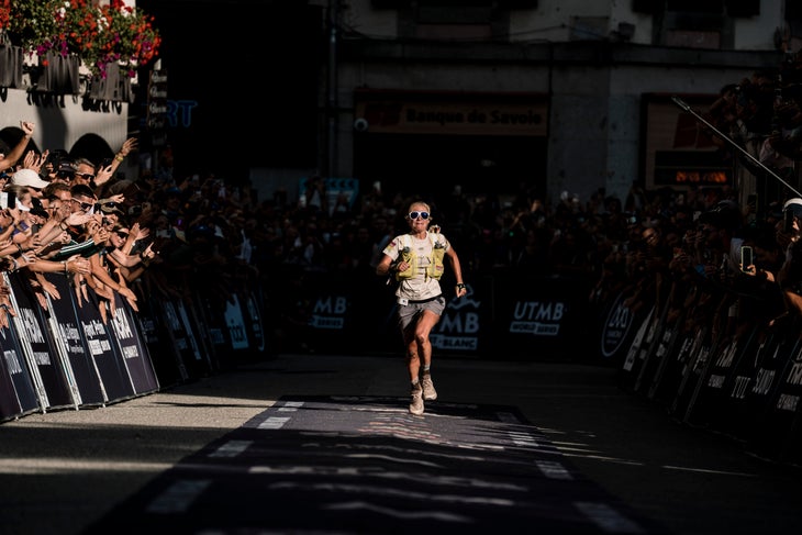 Rachel Entrekin wore Norda 055 on her way to taking second place at 2026 UTMB.