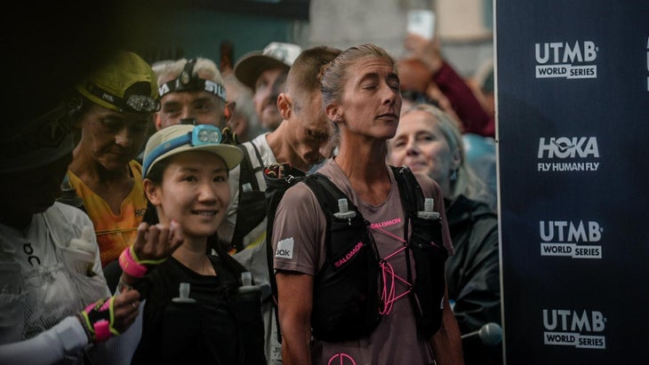 Fuzhao Xiang before she DNFed at Les Contamines (32K) during 2026 UTMB.
