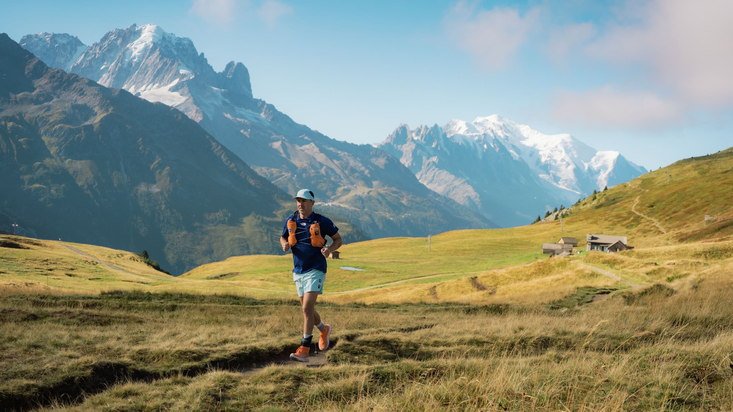 Runner wearing The North Face Offtrail Ultra trail running shoe in the rugged Swiss Alps around Chamonix, France